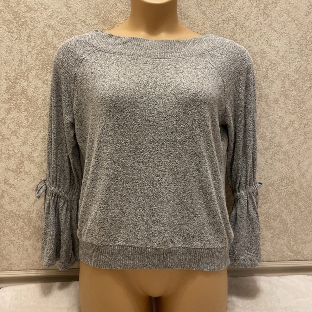 Express Gray Textured Sweatshirt with Bell Tie  Sleeves